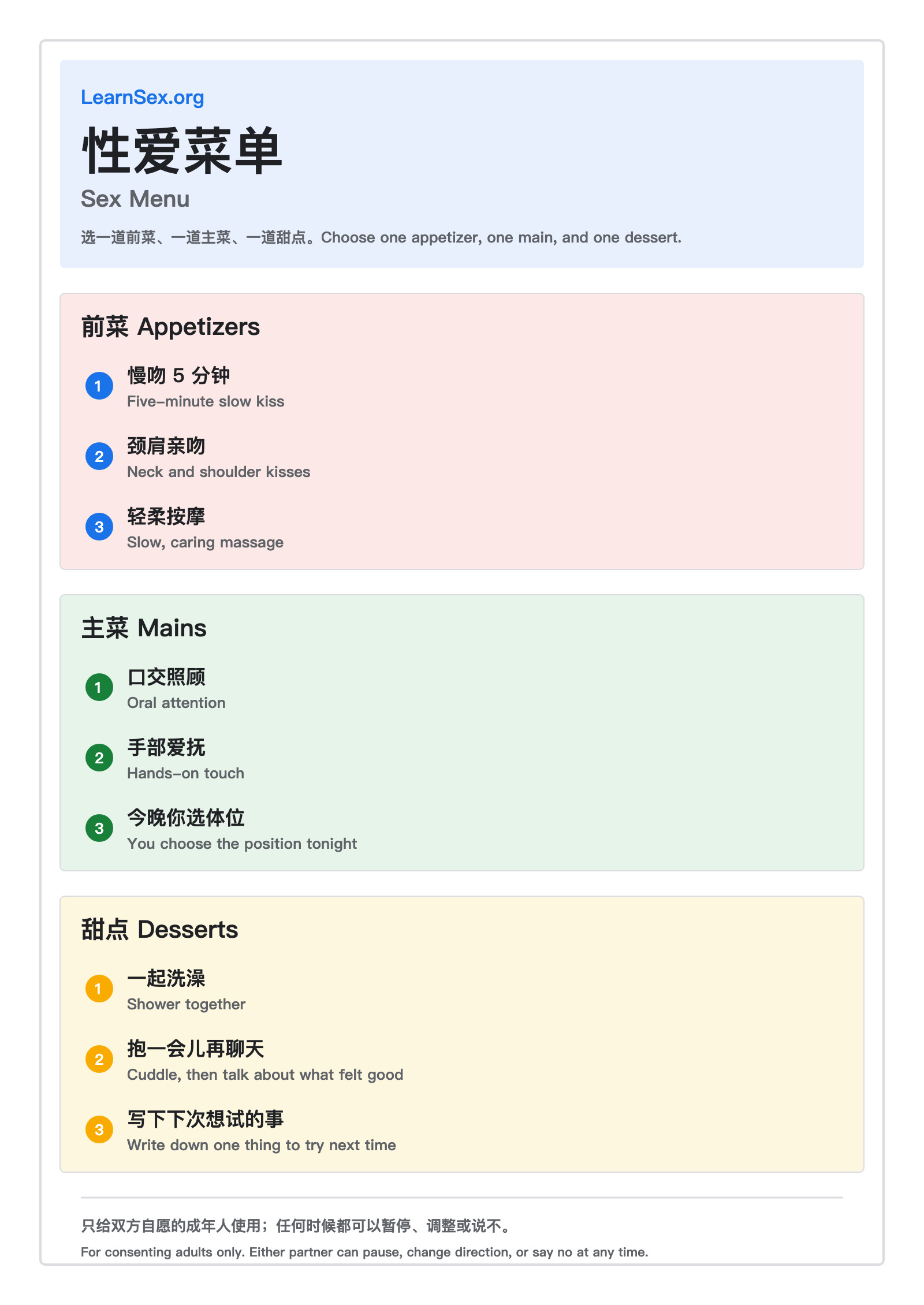 LearnSex.org 可打印性爱菜单,可选择前菜、主菜和甜点